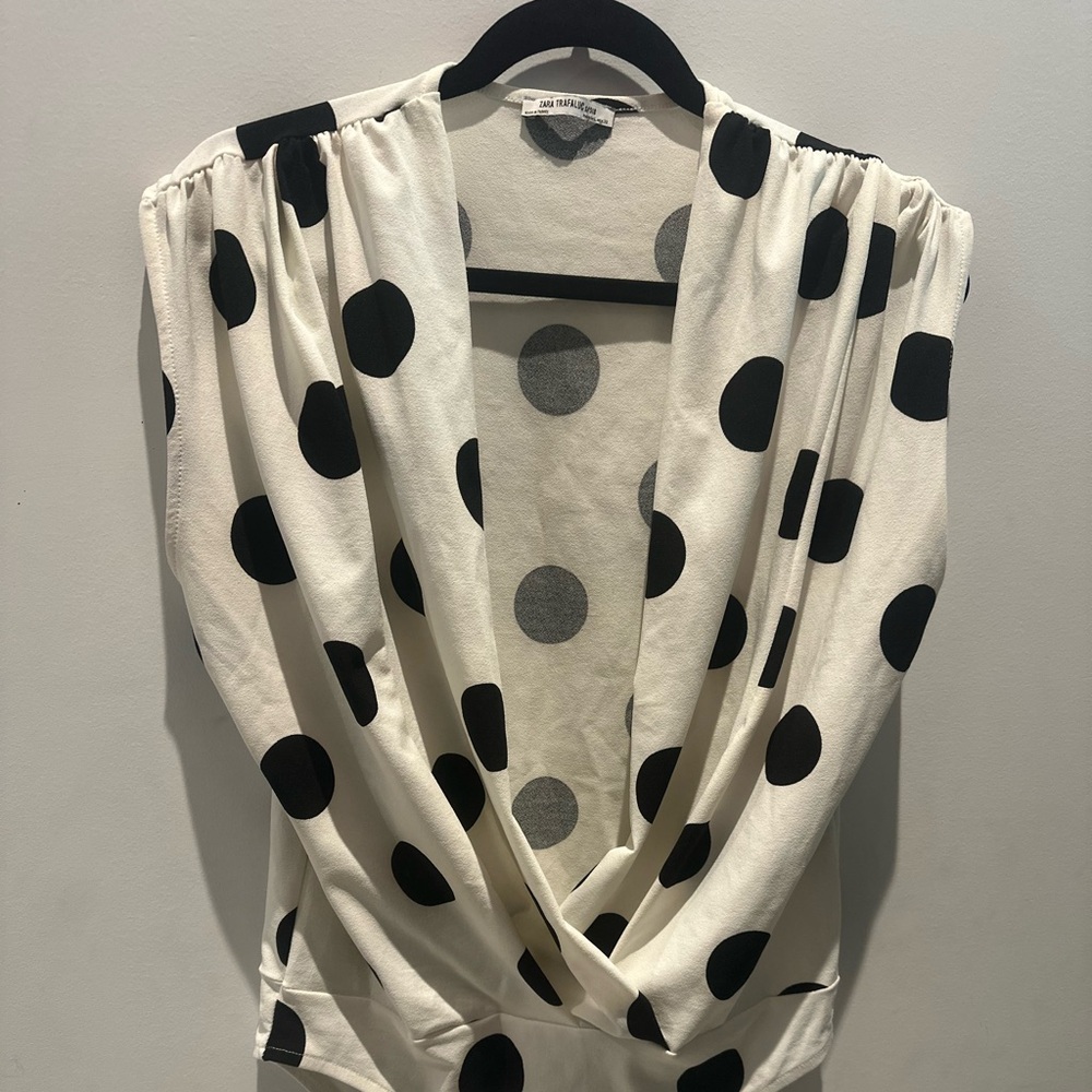 Zara White and Black Bodysuit with Polka Dot Design